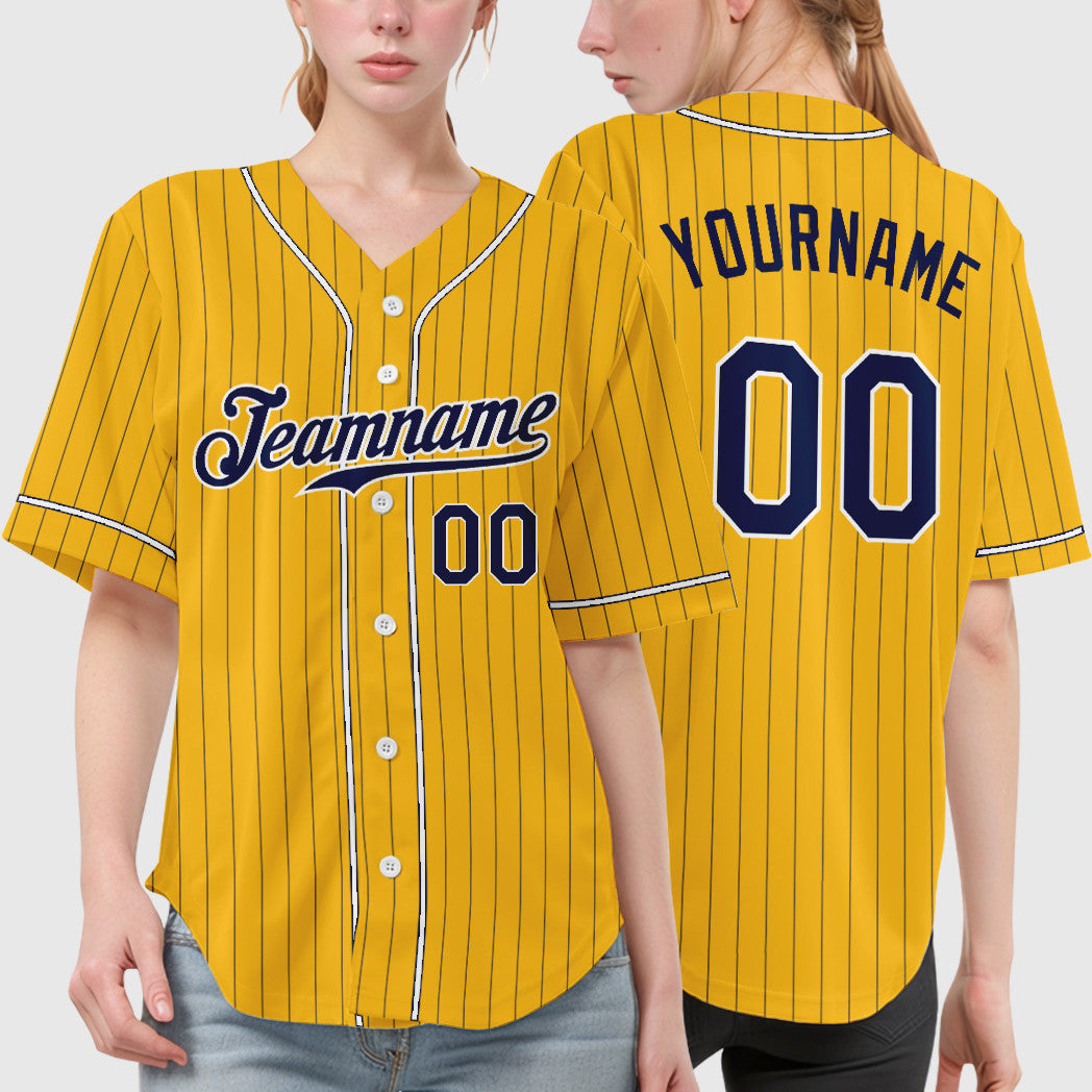 Custom Gold Navy Navy-White Piping Pinstripe Baseball Jersey