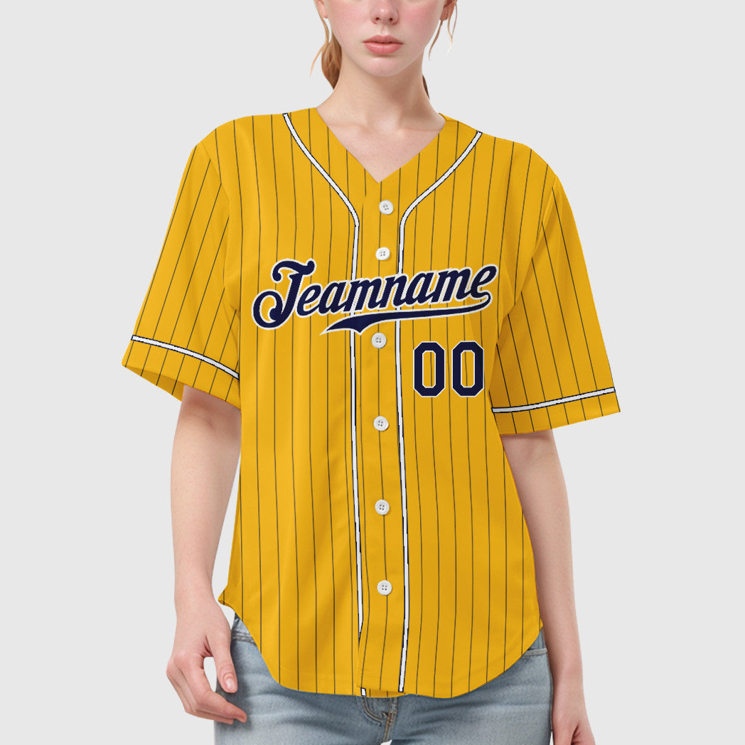 Custom Gold Navy Navy-White Piping Pinstripe Baseball Jersey