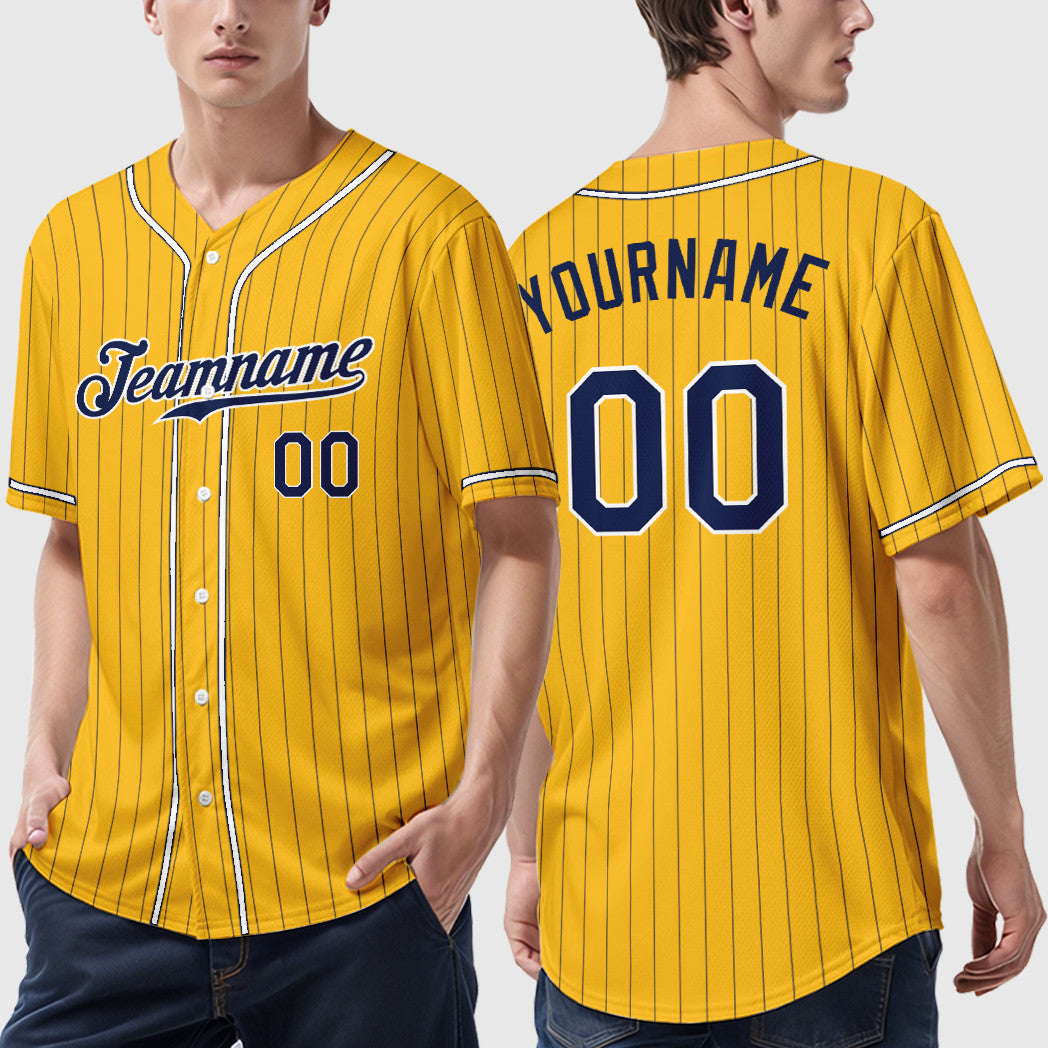Custom Gold Navy Navy-White Piping Pinstripe Baseball Jersey