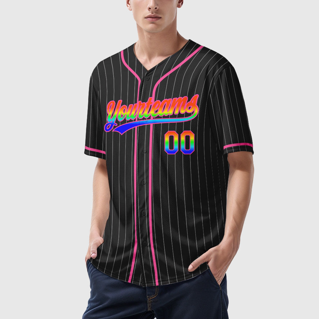 Custom Black White Rainbow-Pink 3D Piping Pinstripe Baseball Jersey