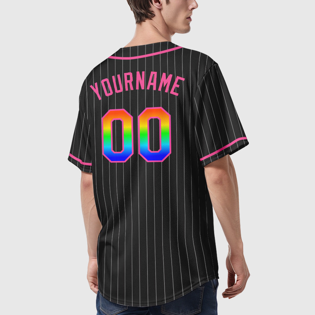 Custom Black White Rainbow-Pink 3D Piping Pinstripe Baseball Jersey