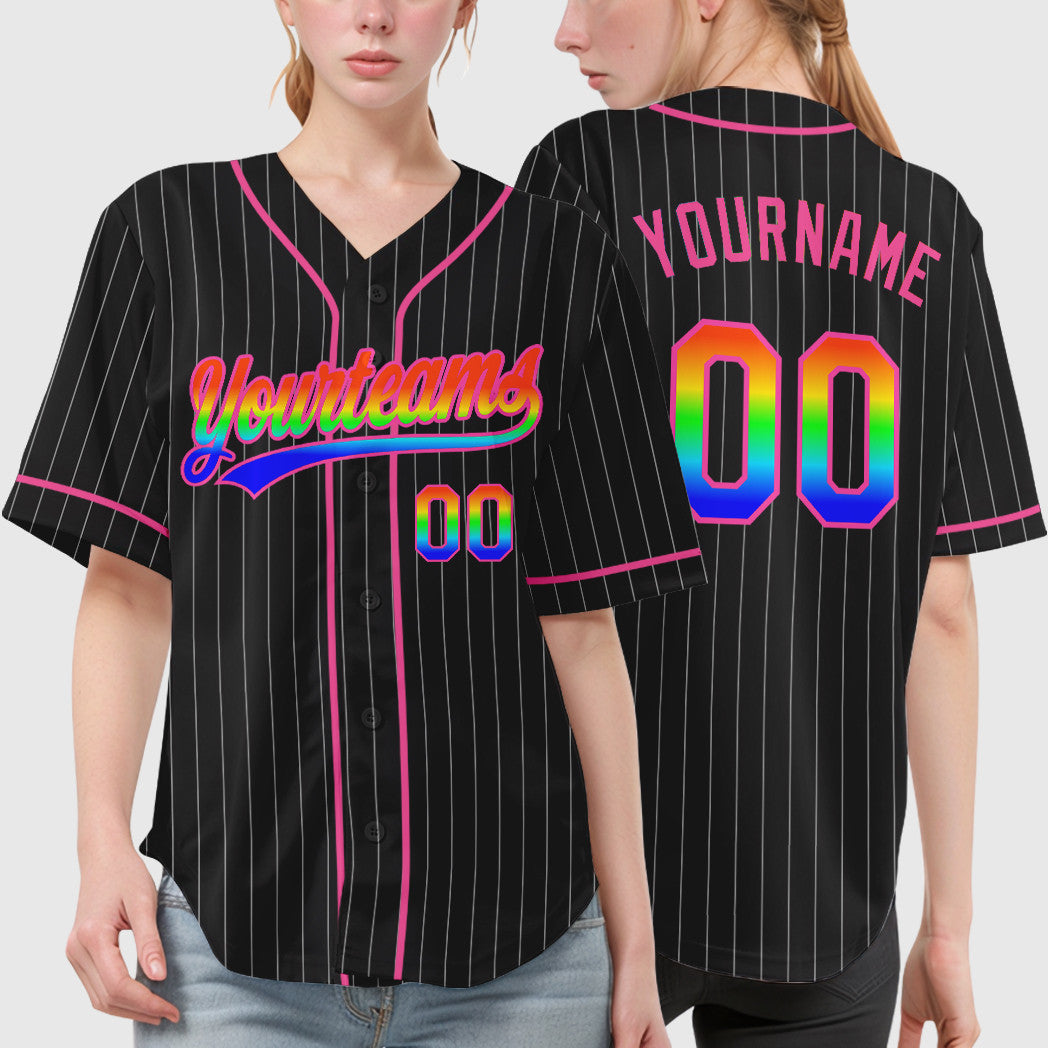 Custom Black White Rainbow-Pink 3D Piping Pinstripe Baseball Jersey
