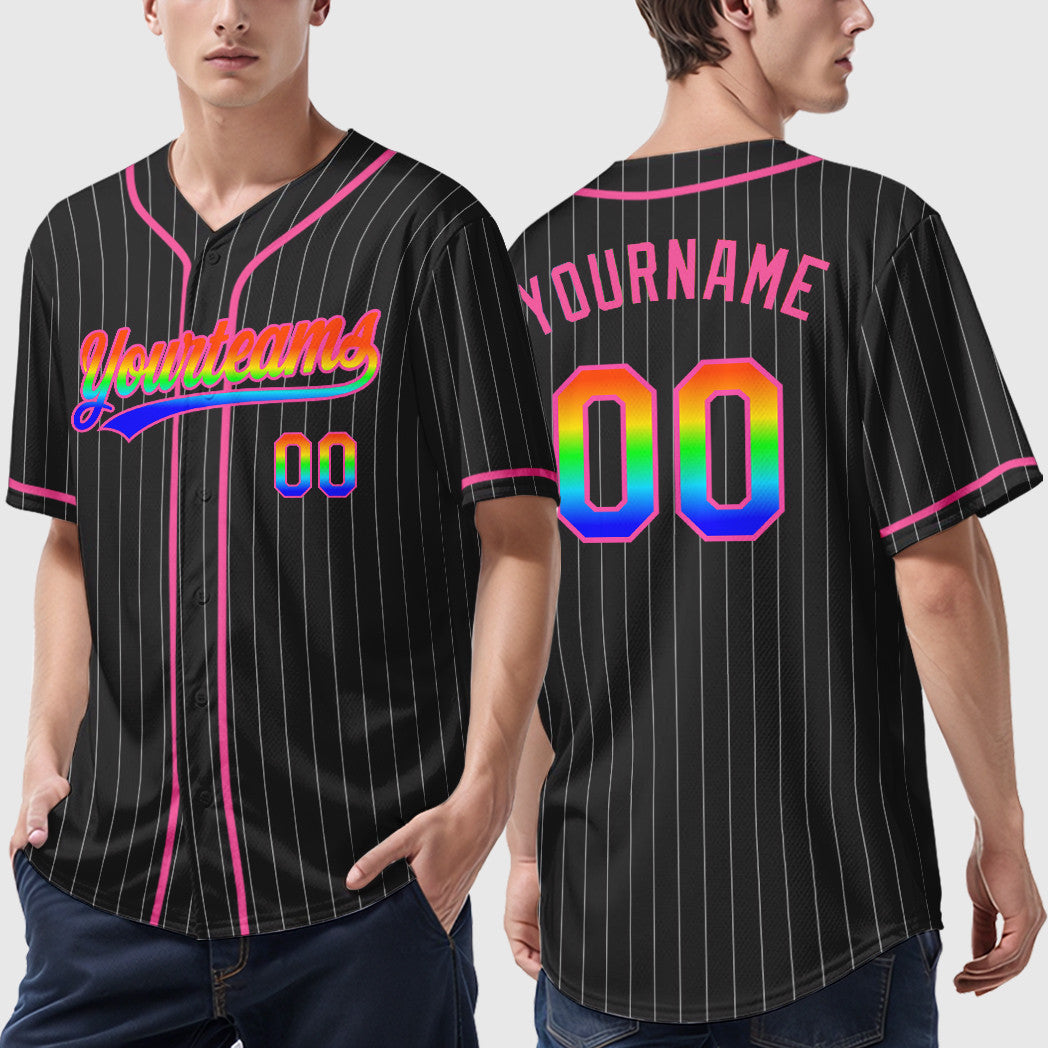 Custom Black White Rainbow-Pink 3D Piping Pinstripe Baseball Jersey