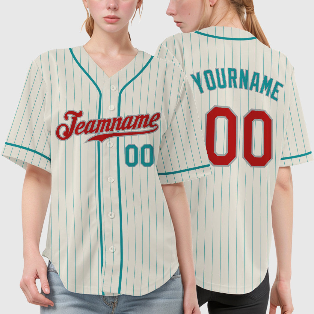 Custom Cream Teal Red Teal-Gray Piping Pinstripe Baseball Jersey