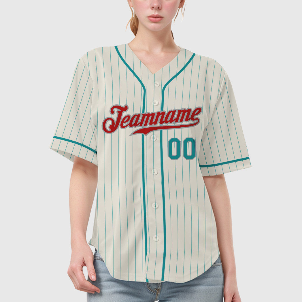 Custom Cream Teal Red Teal-Gray Piping Pinstripe Baseball Jersey