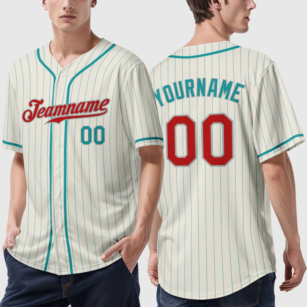 Custom Cream Teal Red Teal-Gray Piping Pinstripe Baseball Jersey