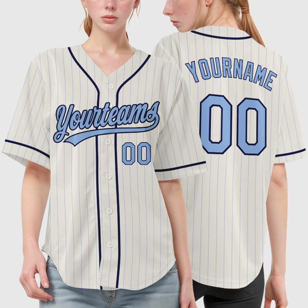 Custom Cream Light Blue Navy Piping Pinstripe Baseball Jersey