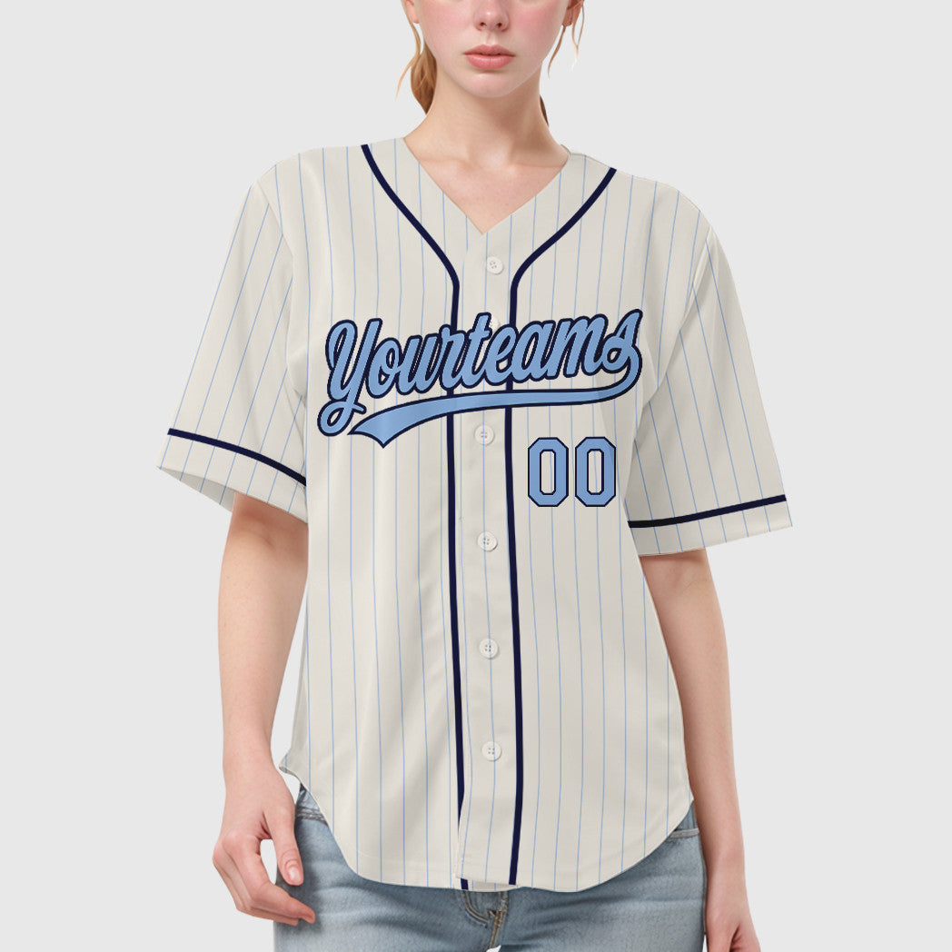 Custom Cream Light Blue Navy Piping Pinstripe Baseball Jersey
