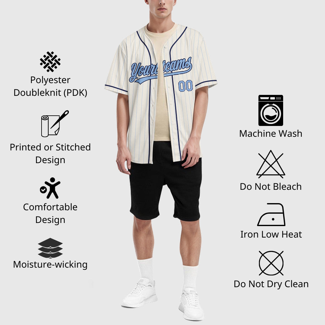 Custom Cream Light Blue Navy Piping Pinstripe Baseball Jersey