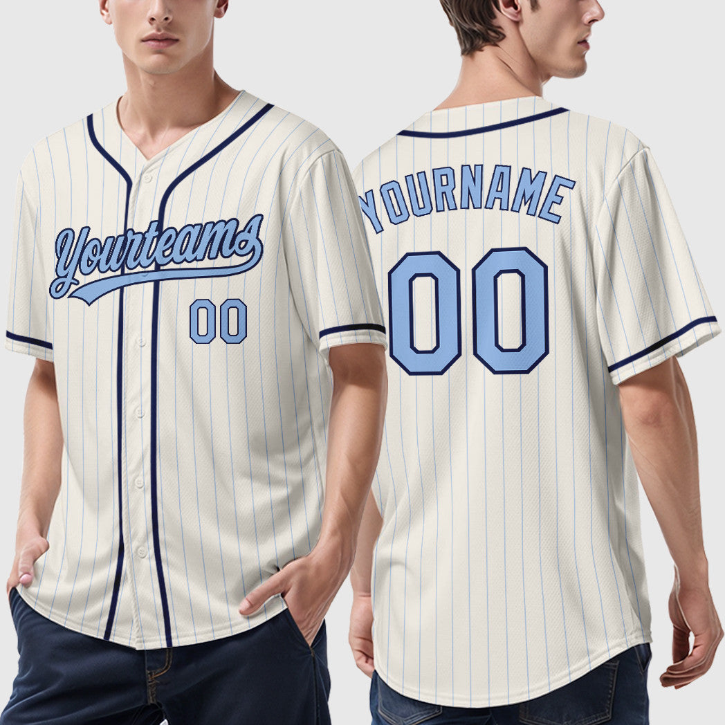 Custom Cream Light Blue Navy Piping Pinstripe Baseball Jersey