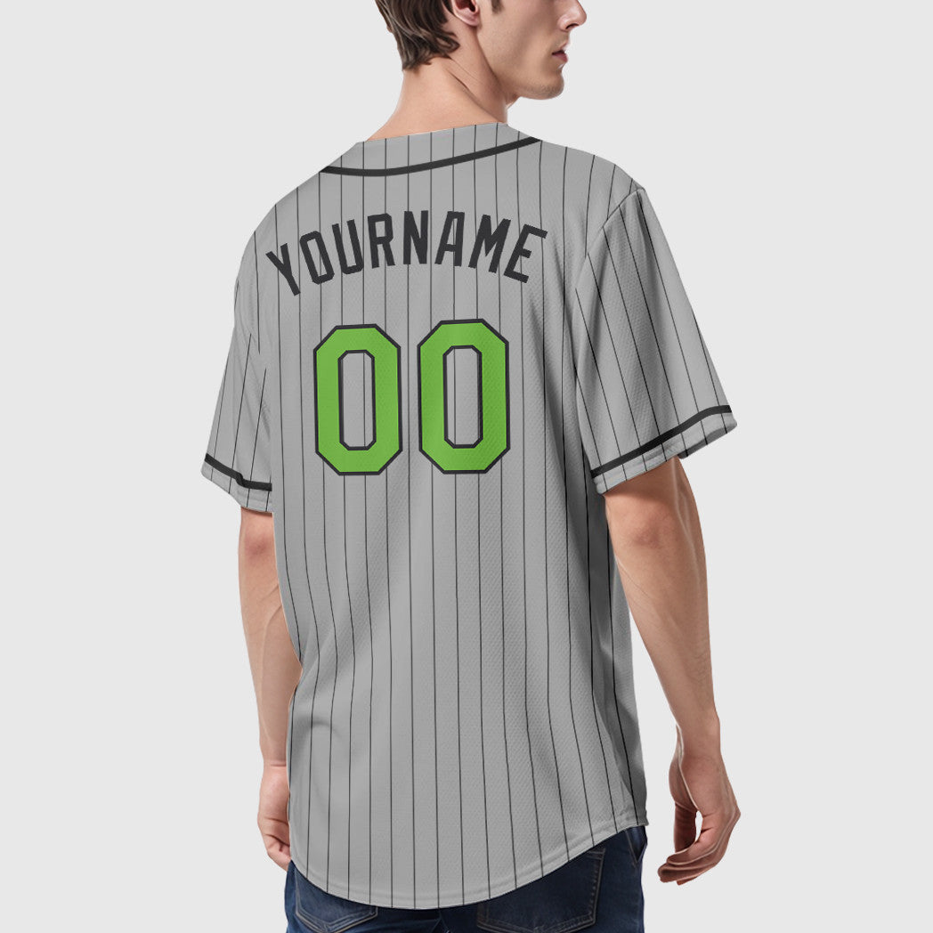 Custom Gray Black Neon Green-Black Piping Pinstripe Baseball Jersey