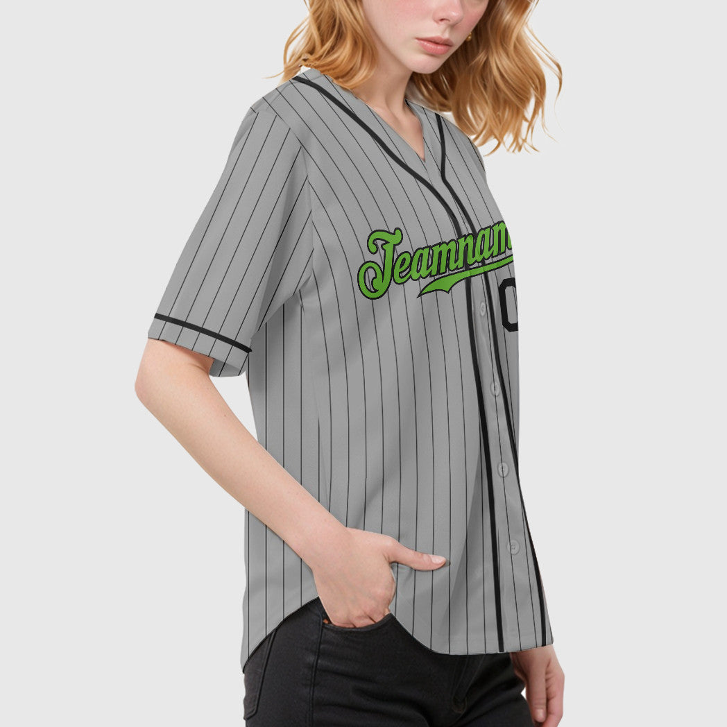 Custom Gray Black Neon Green-Black Piping Pinstripe Baseball Jersey