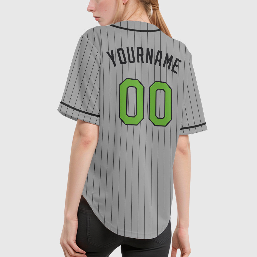 Custom Gray Black Neon Green-Black Piping Pinstripe Baseball Jersey