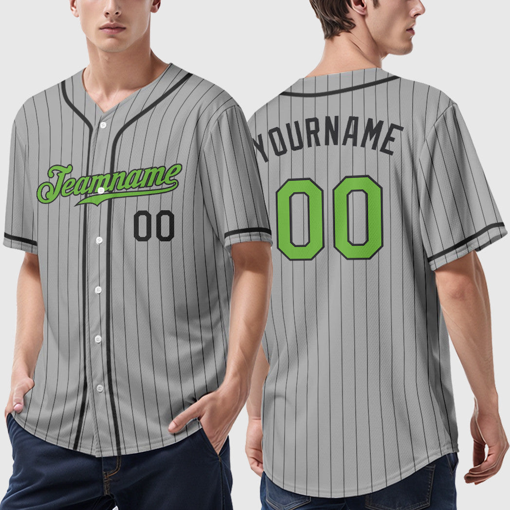 Custom Gray Black Neon Green-Black Piping Pinstripe Baseball Jersey