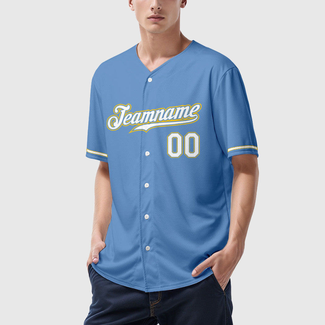 Custom Light Blue White White-Gold Baseball Jersey