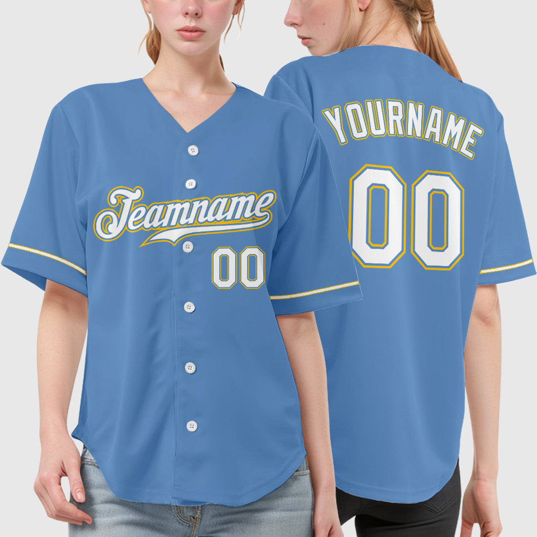 Custom Light Blue White White-Gold Baseball Jersey