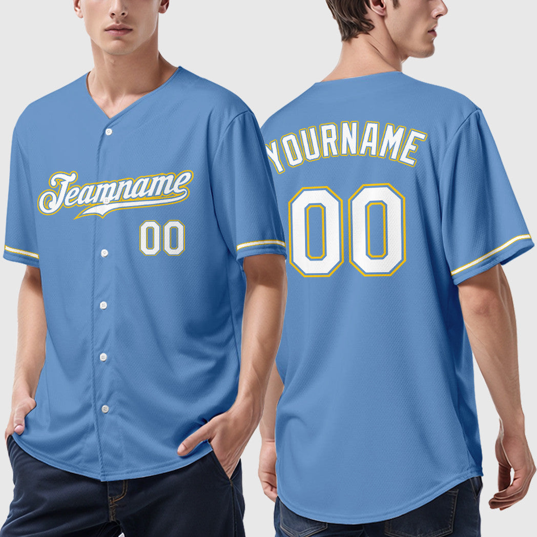 Custom Light Blue White White-Gold Baseball Jersey