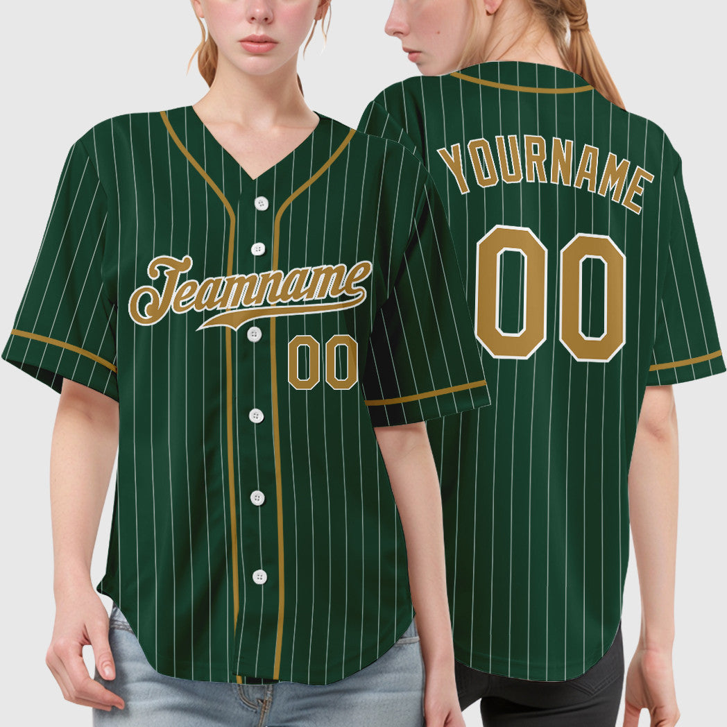 Custom Green White Old Gold-White Piping Pinstripe Baseball Jersey