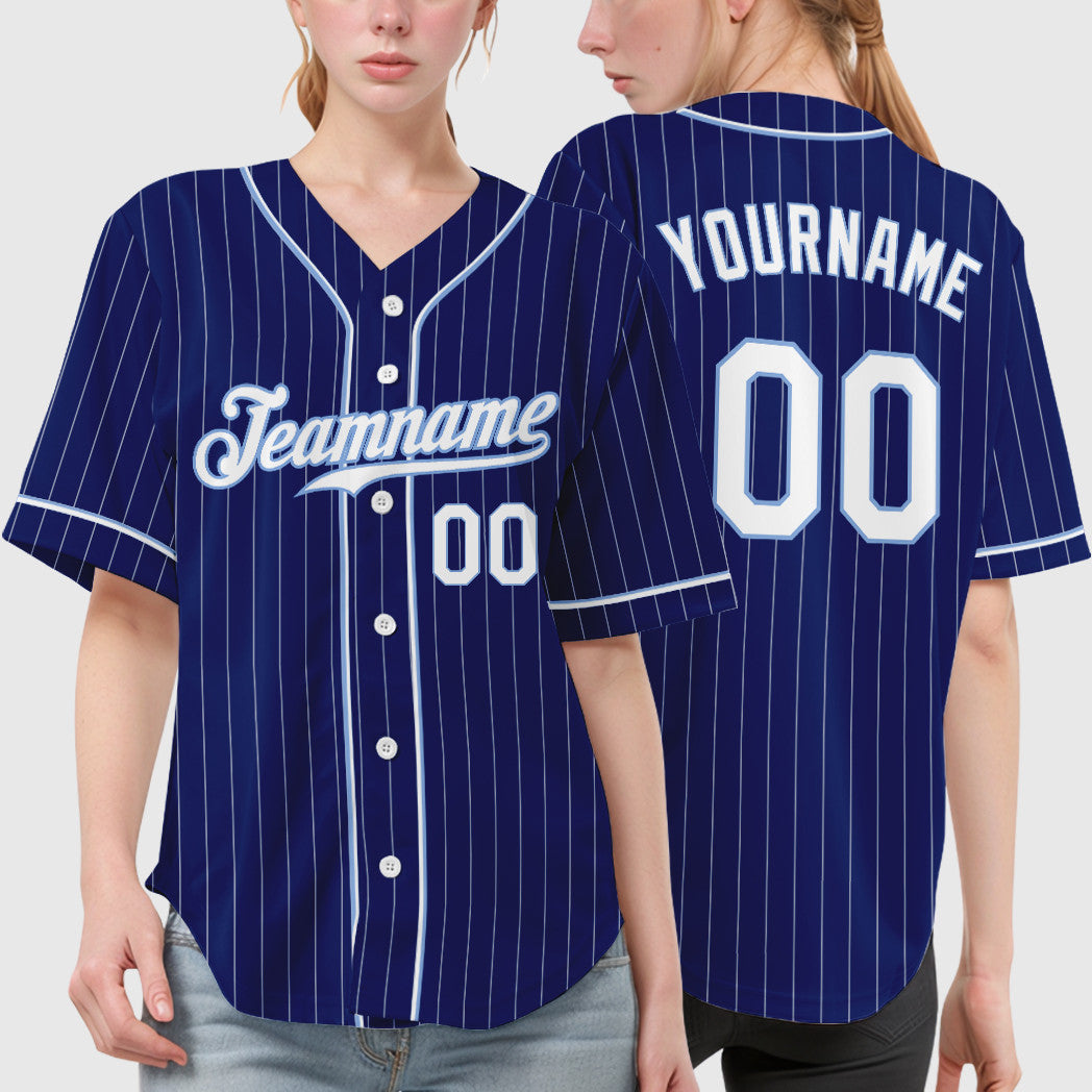 Custom Royal White White-Light Blue Piping Pinstripe Baseball Jersey