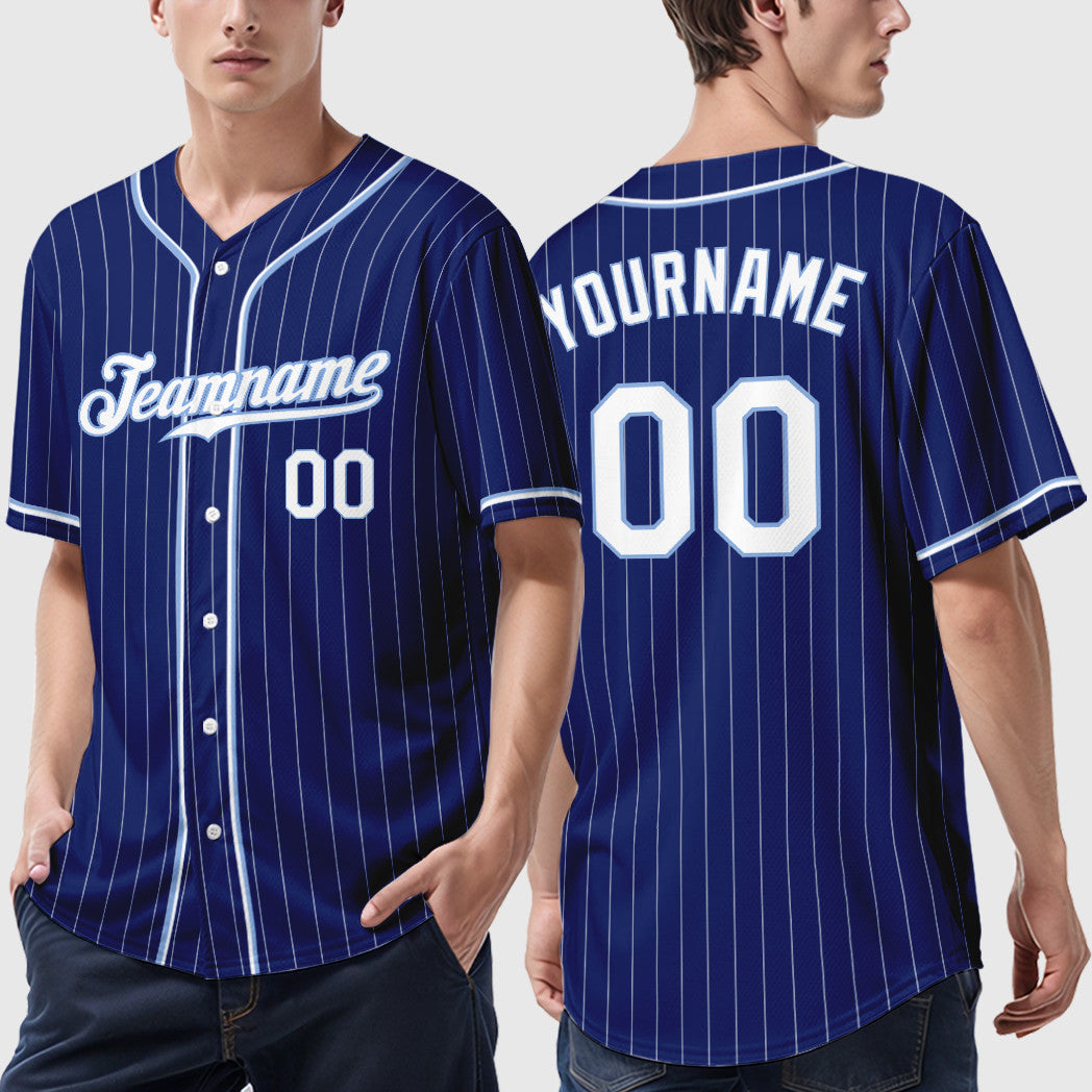 Custom Royal White White-Light Blue Piping Pinstripe Baseball Jersey