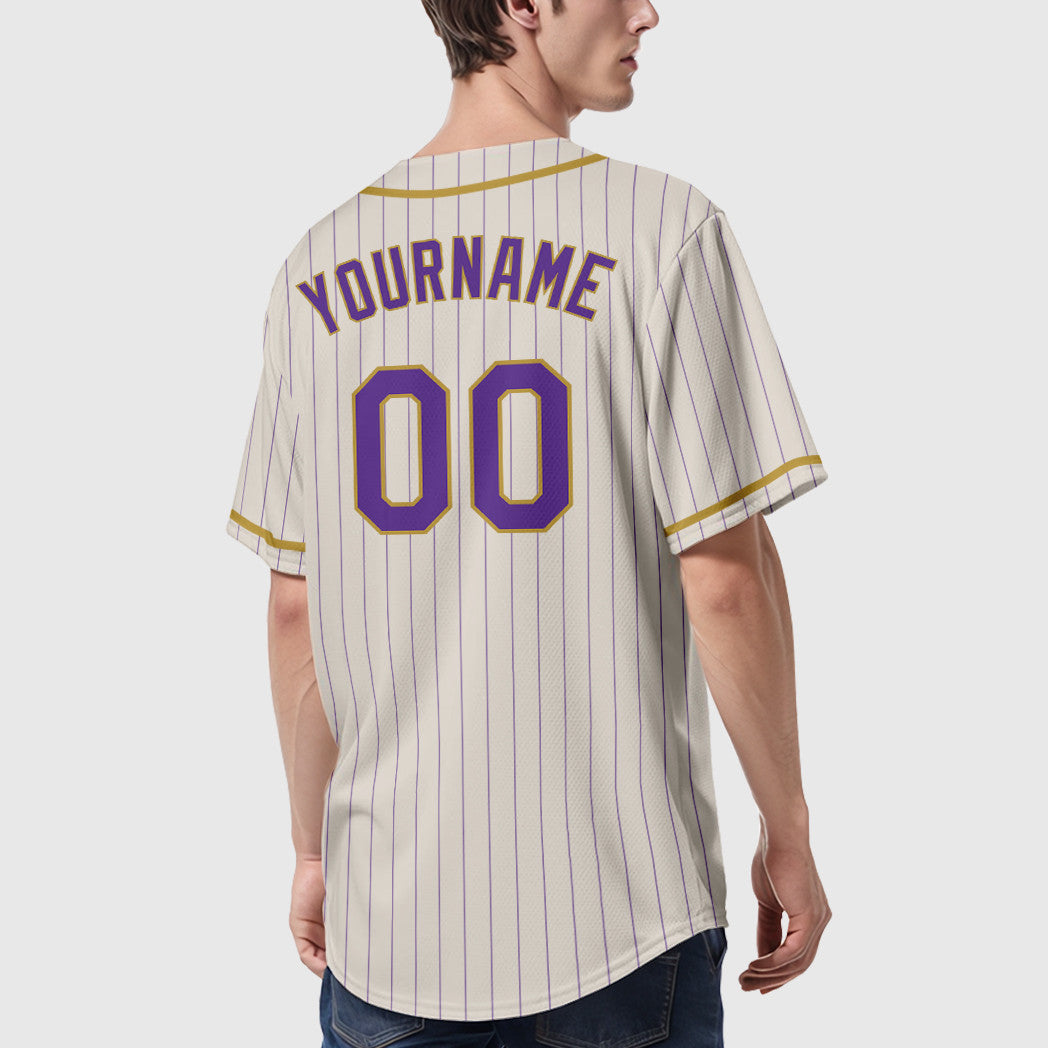 Custom Cream Purple Old Gold Piping Pinstripe Baseball Jersey