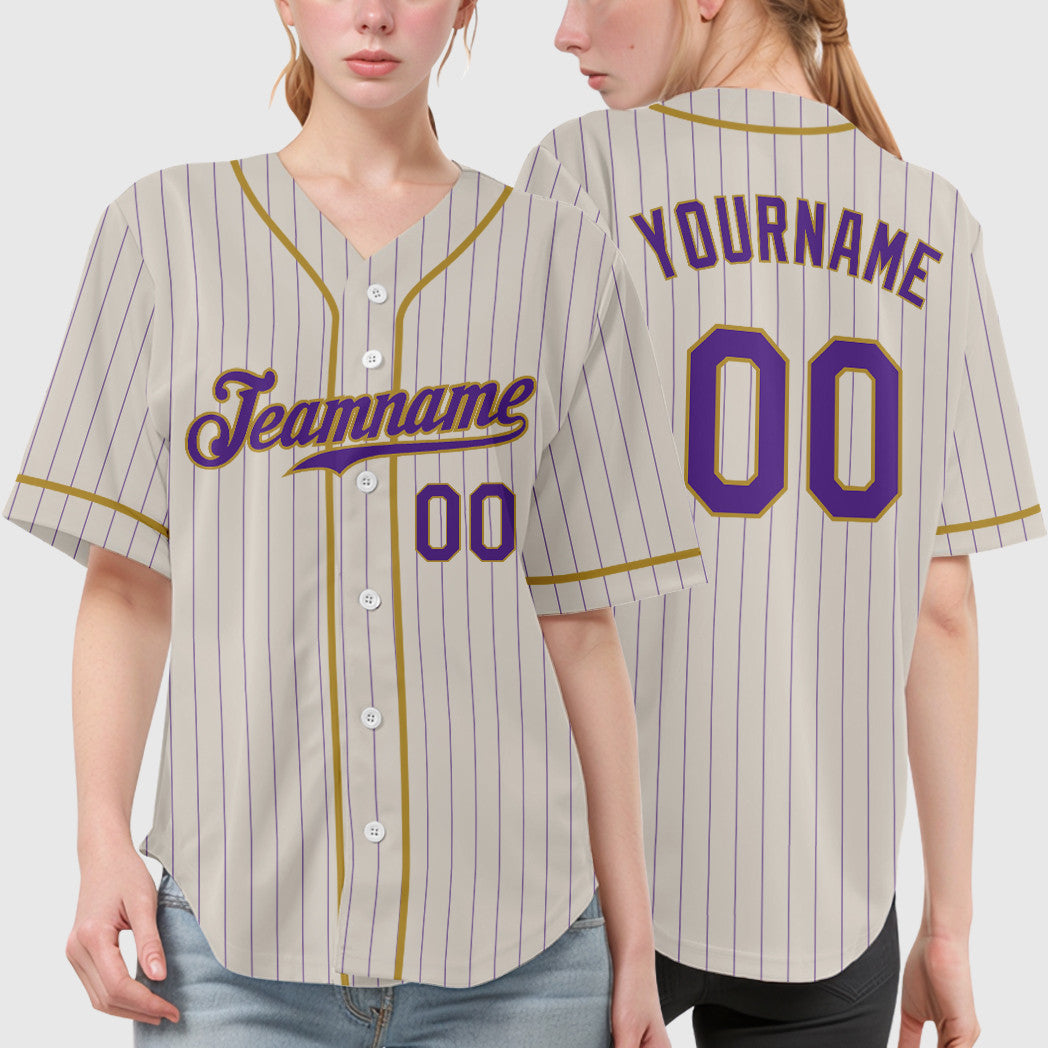 Custom Cream Purple Old Gold Piping Pinstripe Baseball Jersey