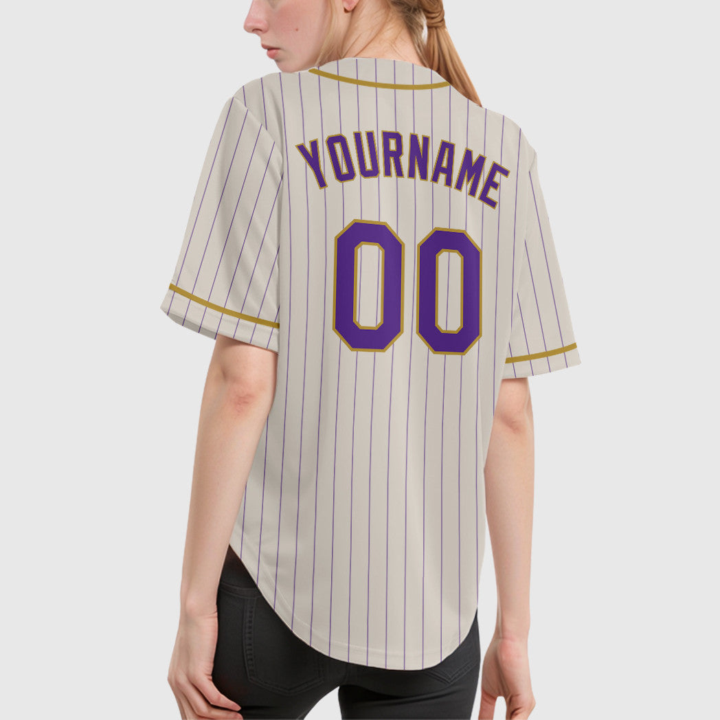 Custom Cream Purple Old Gold Piping Pinstripe Baseball Jersey