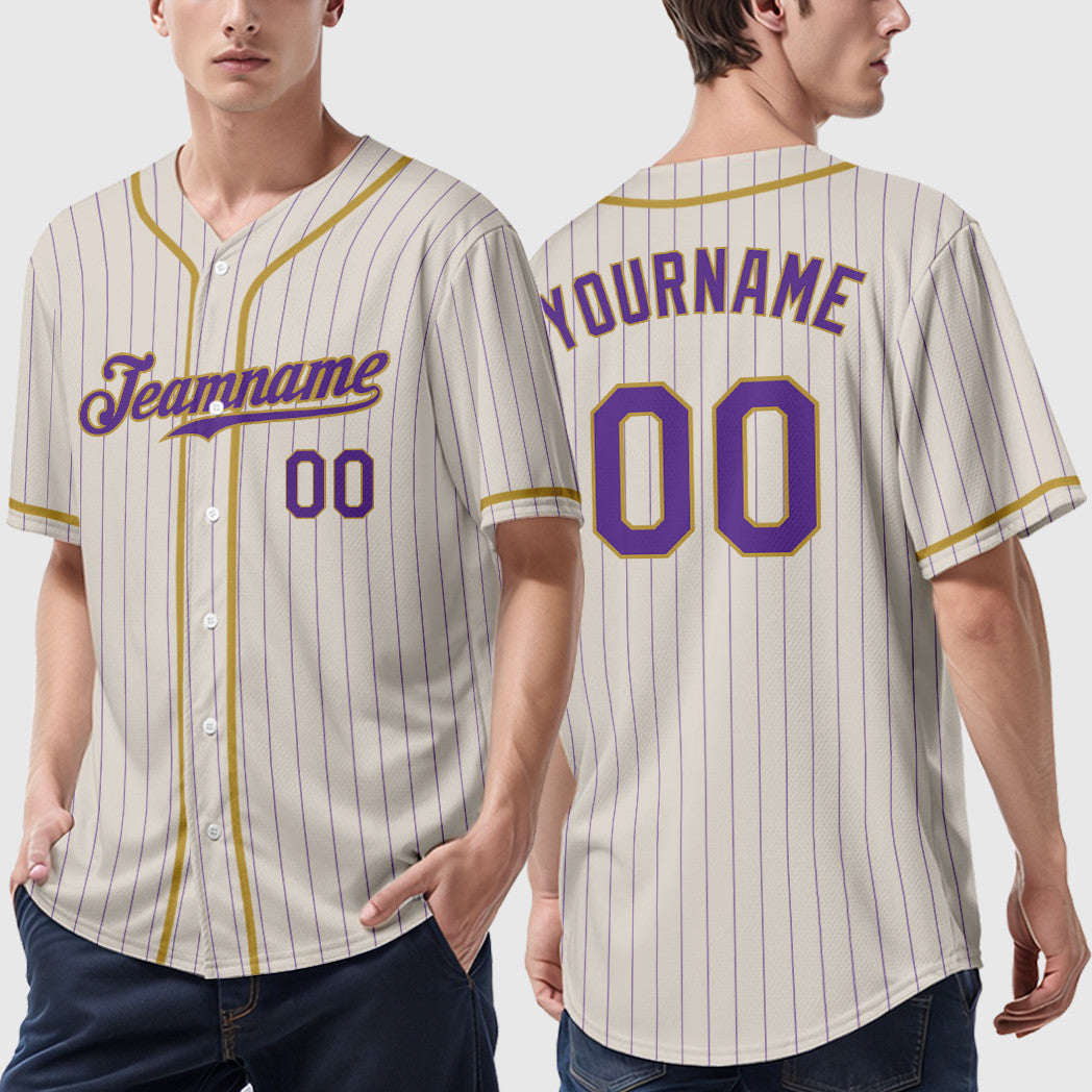 Custom Cream Purple Old Gold Piping Pinstripe Baseball Jersey