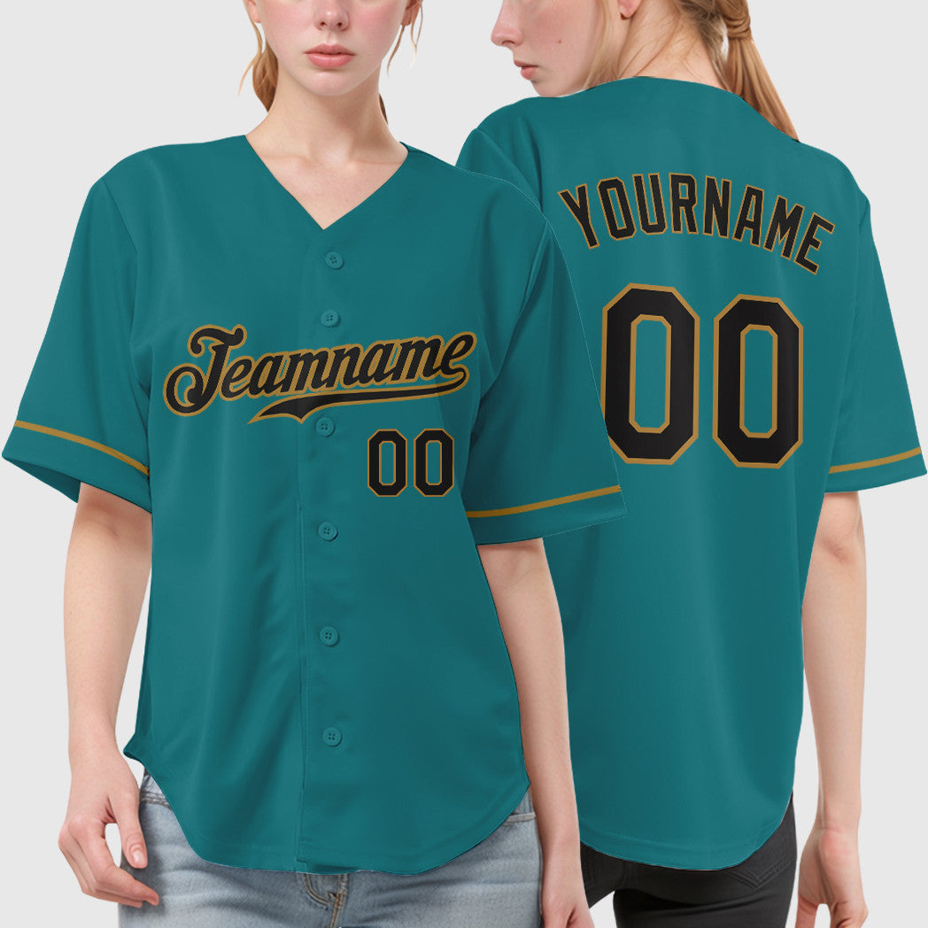 Custom Teal Black Black-Old Gold Baseball Jersey