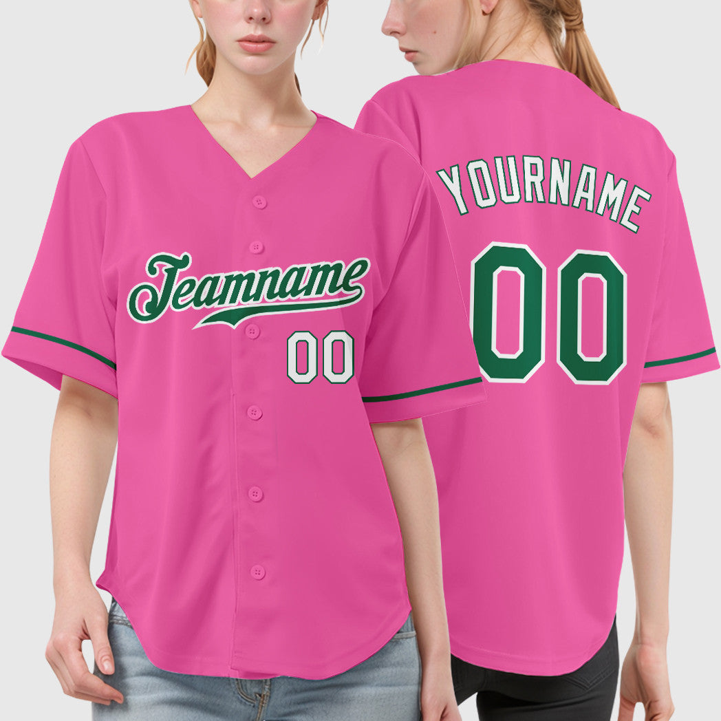 Custom Pink White Kelly Green-White Baseball Jersey