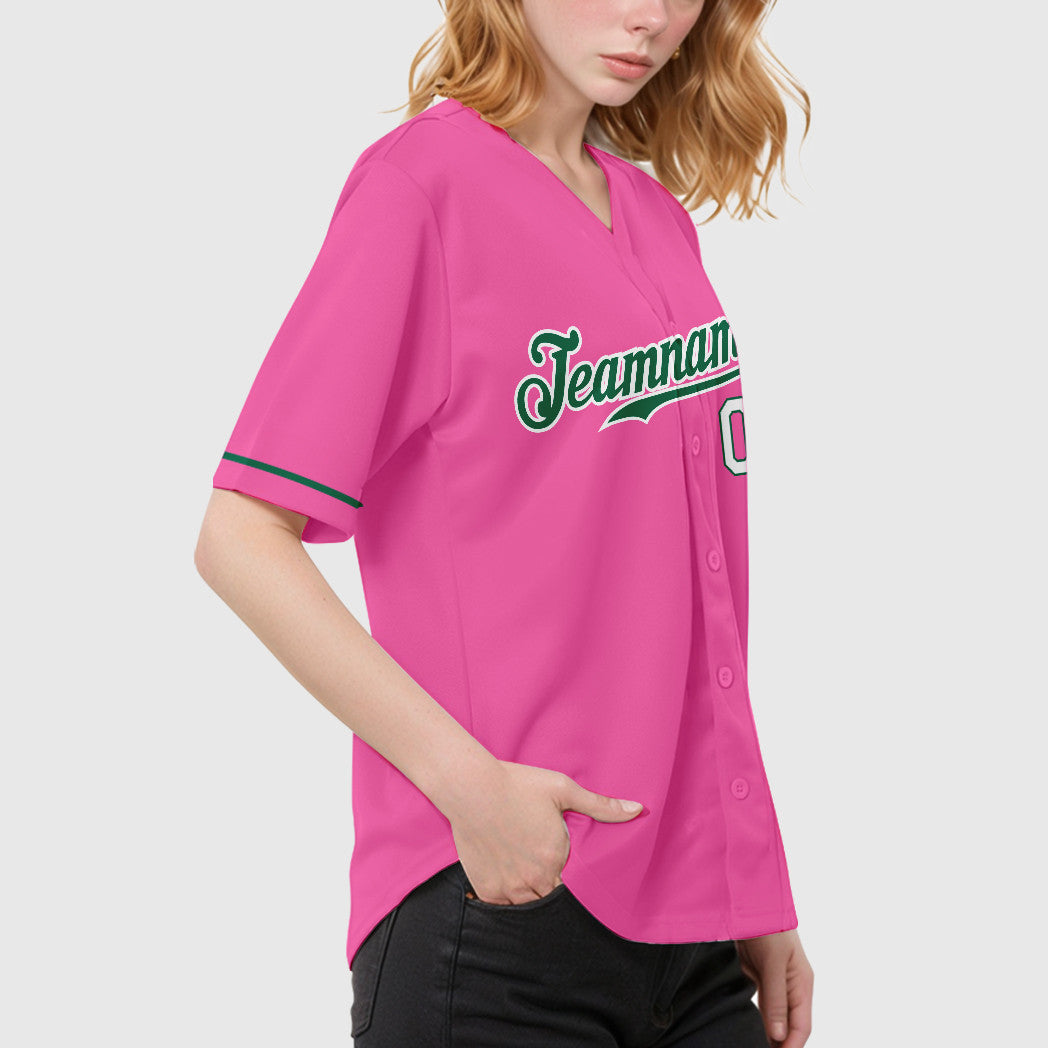 Custom Pink White Kelly Green-White Baseball Jersey