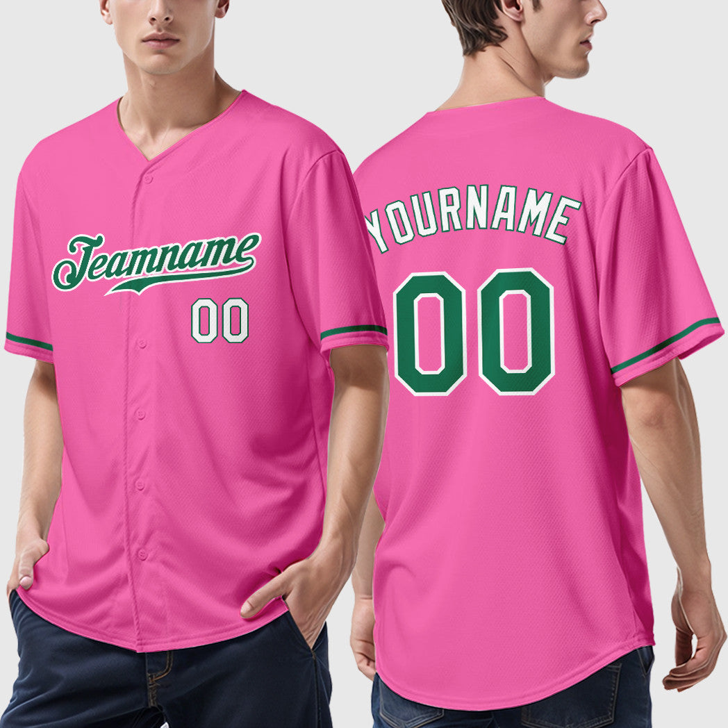 Custom Pink White Kelly Green-White Baseball Jersey