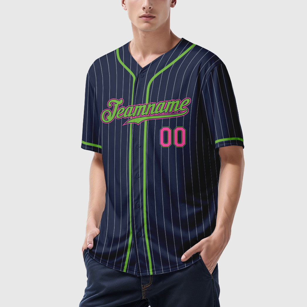 Custom Navy White Pink-Neon Green Piping Pinstripe Baseball Jersey