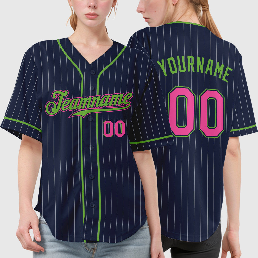 Custom Navy White Pink-Neon Green Piping Pinstripe Baseball Jersey