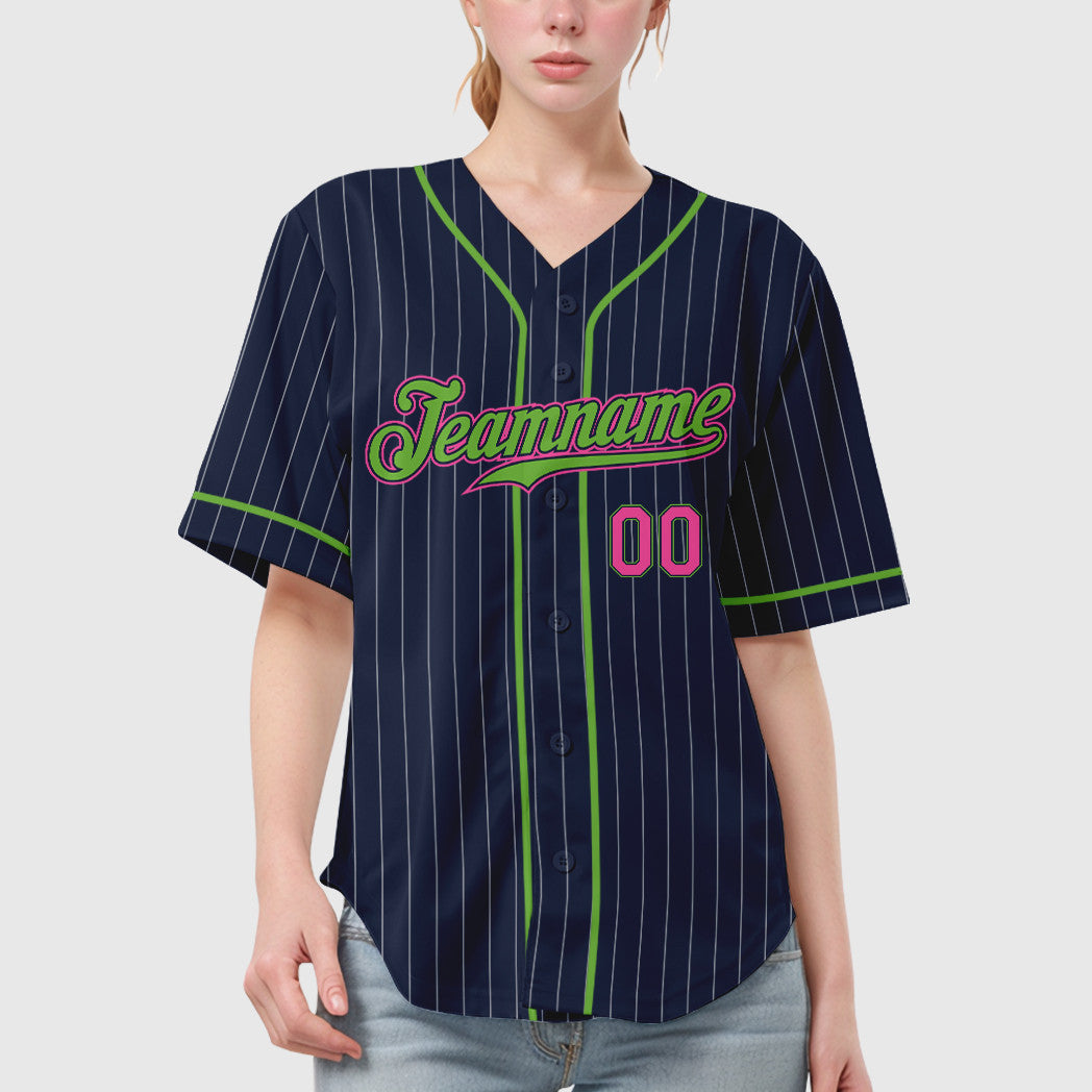 Custom Navy White Pink-Neon Green Piping Pinstripe Baseball Jersey