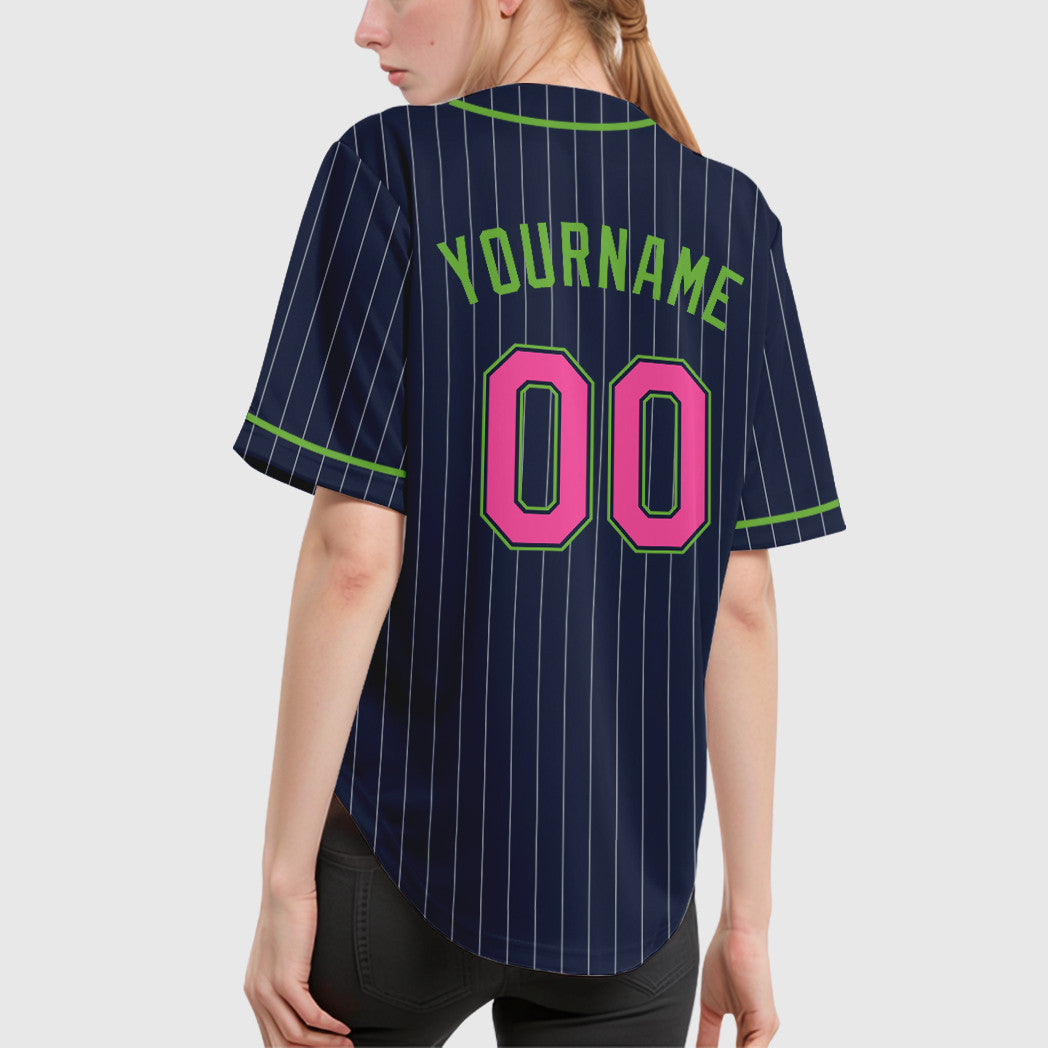 Custom Navy White Pink-Neon Green Piping Pinstripe Baseball Jersey