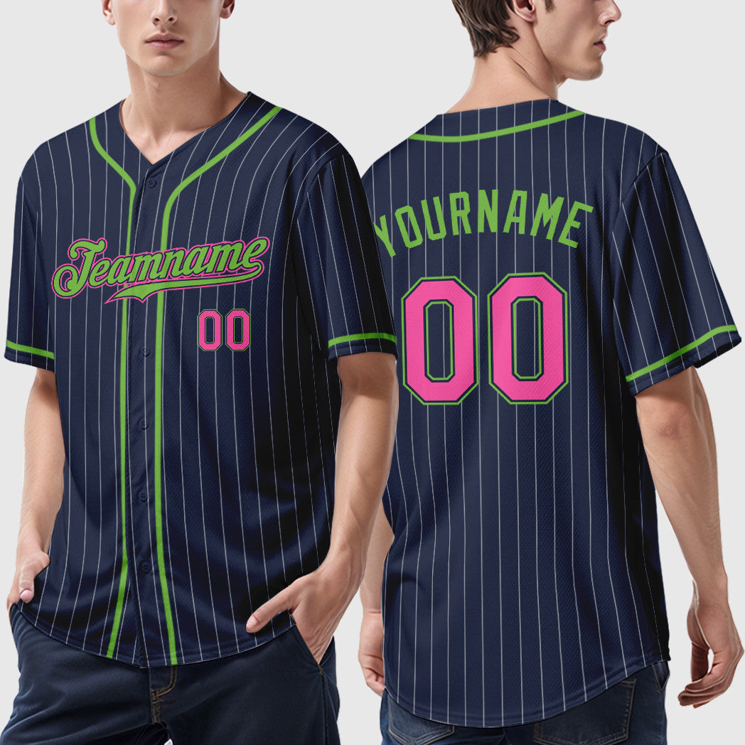 Custom Navy White Pink-Neon Green Piping Pinstripe Baseball Jersey