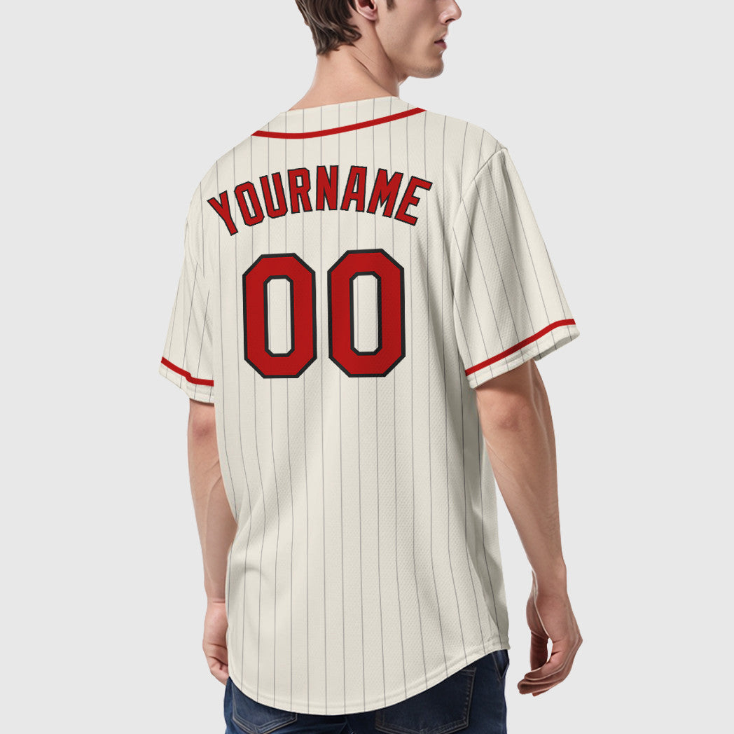Custom Cream Black Red Piping Pinstripe Baseball Jersey