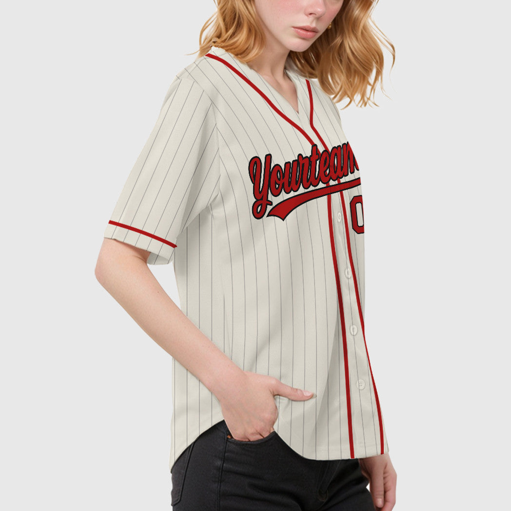 Custom Cream Black Red Piping Pinstripe Baseball Jersey