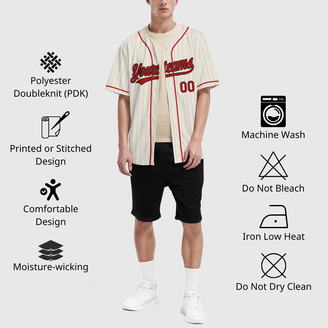 Custom Cream Black Red Piping Pinstripe Baseball Jersey