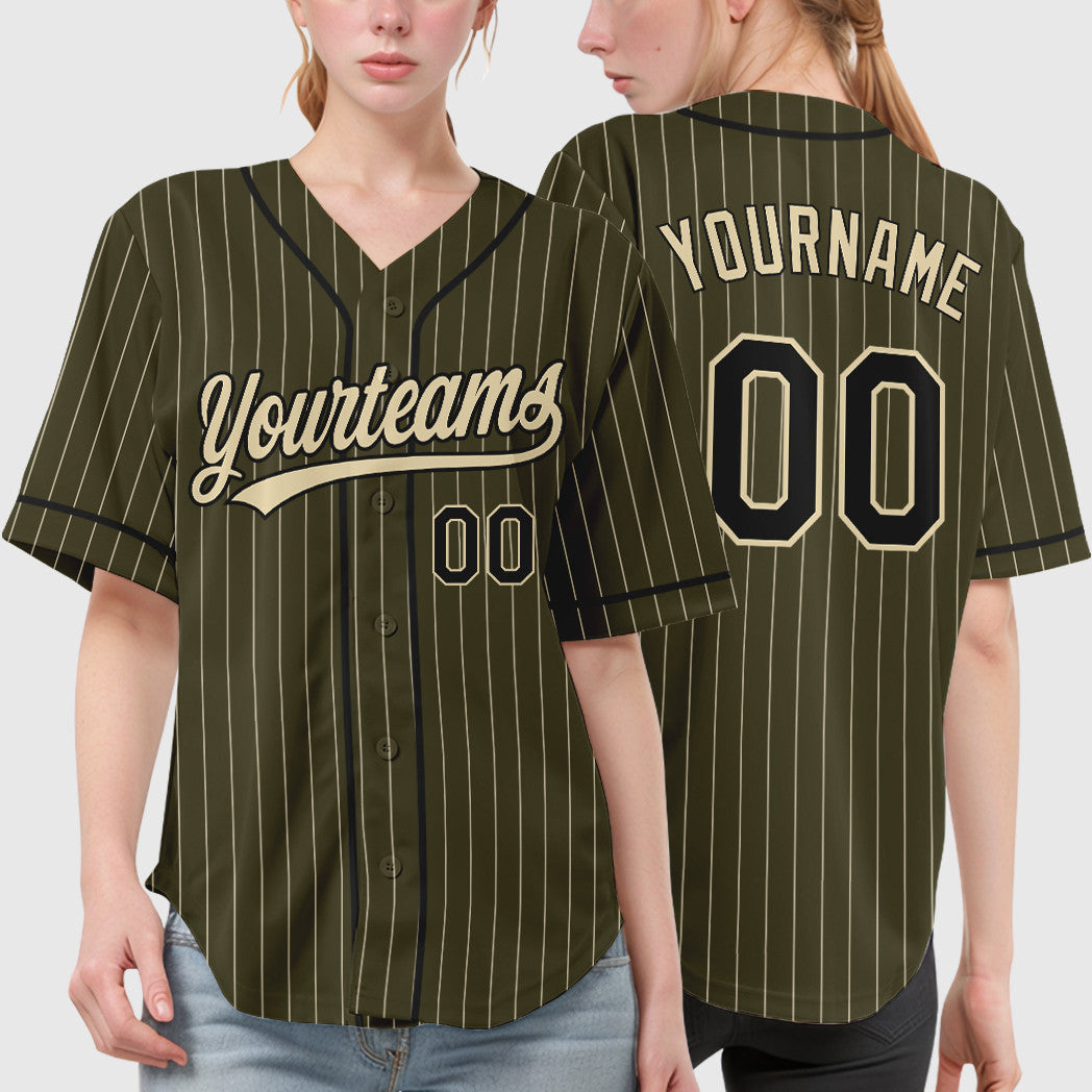Custom Olive City Cream Black Salute To Service Piping Pinstripe Baseball Jersey