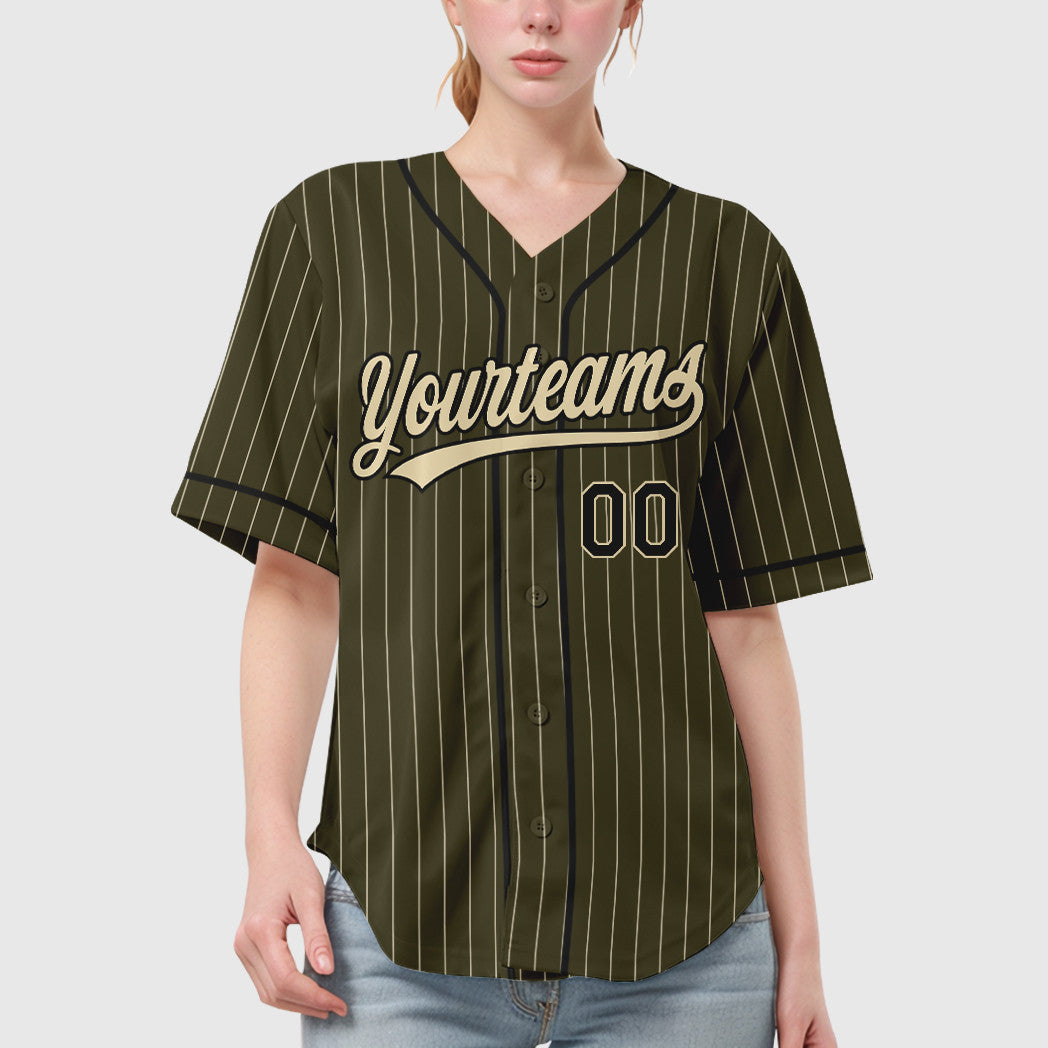 Custom Olive City Cream Black Salute To Service Piping Pinstripe Baseball Jersey