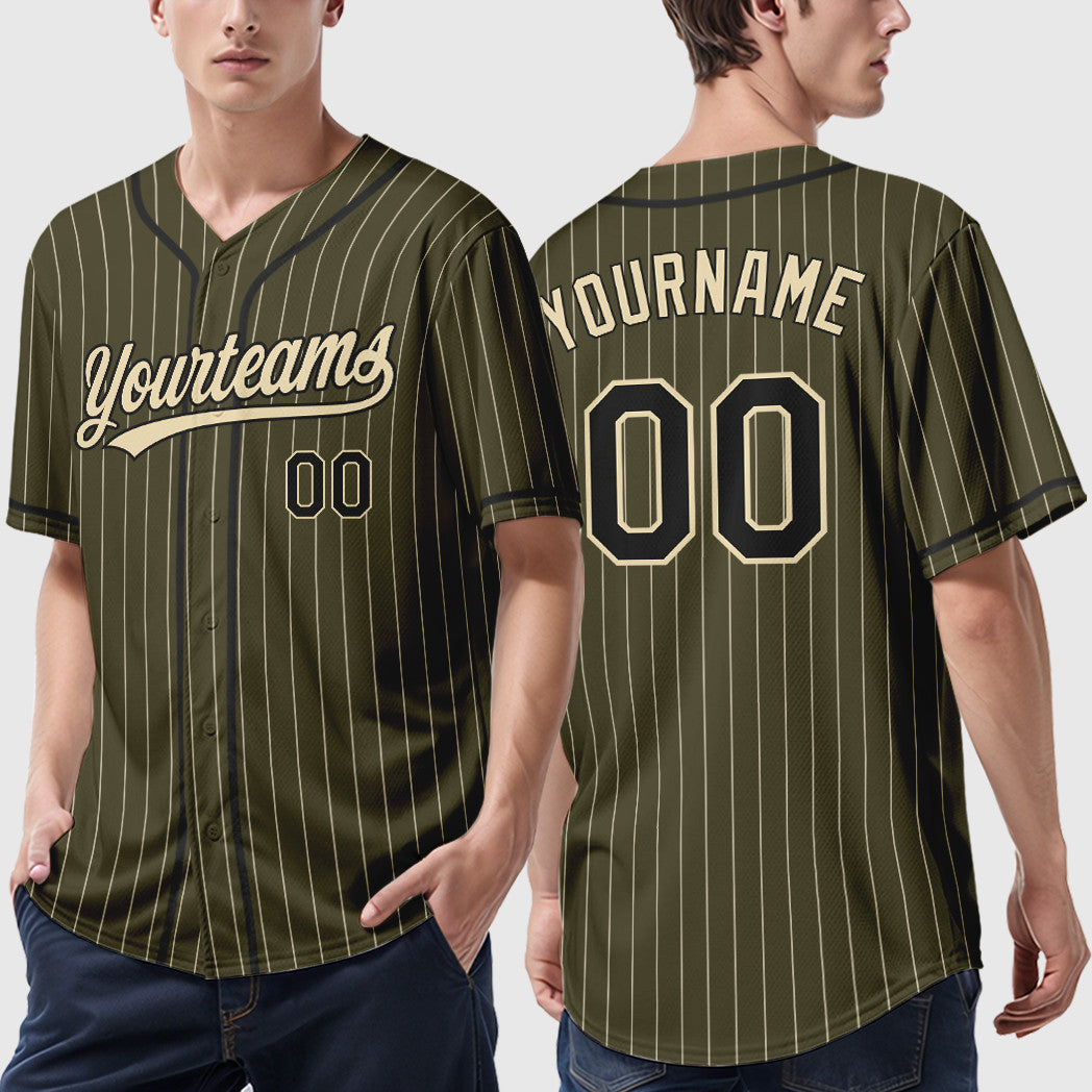 Custom Olive City Cream Black Salute To Service Piping Pinstripe Baseball Jersey