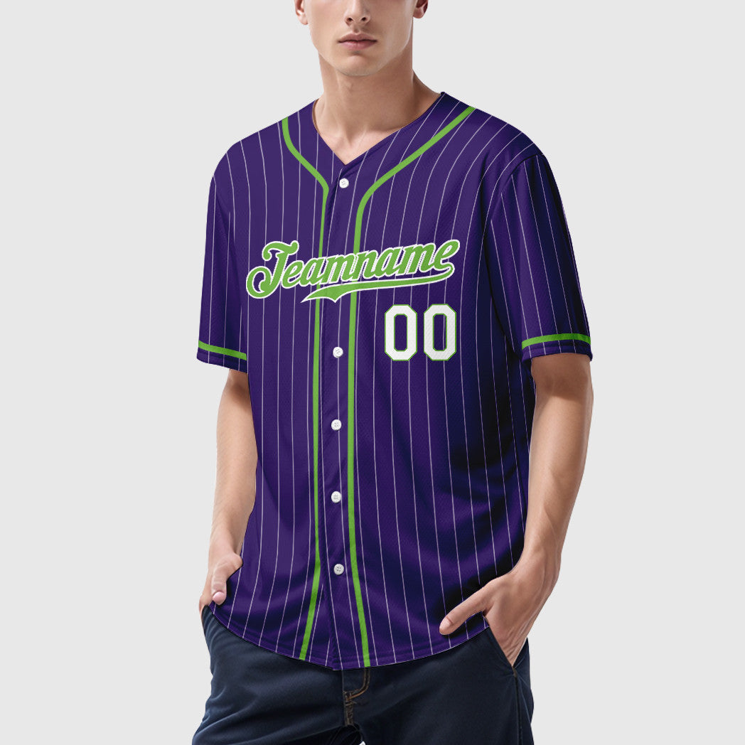 Custom Purple White Neon Green-White Piping Pinstripe Baseball Jersey