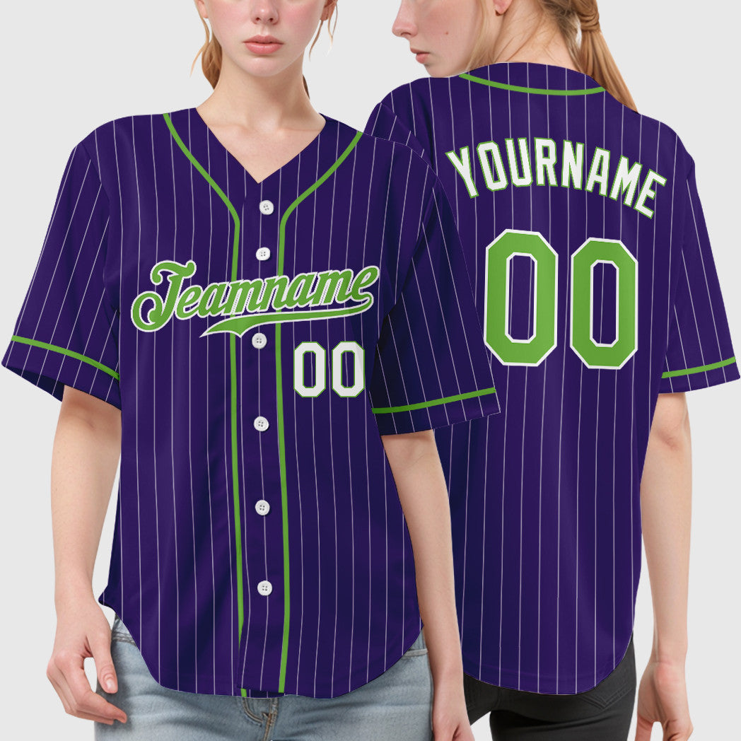 Custom Purple White Neon Green-White Piping Pinstripe Baseball Jersey