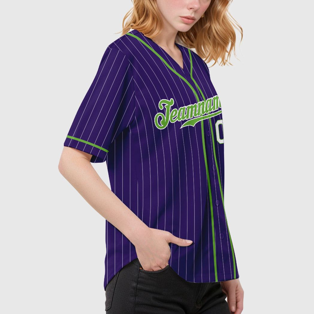 Custom Purple White Neon Green-White Piping Pinstripe Baseball Jersey