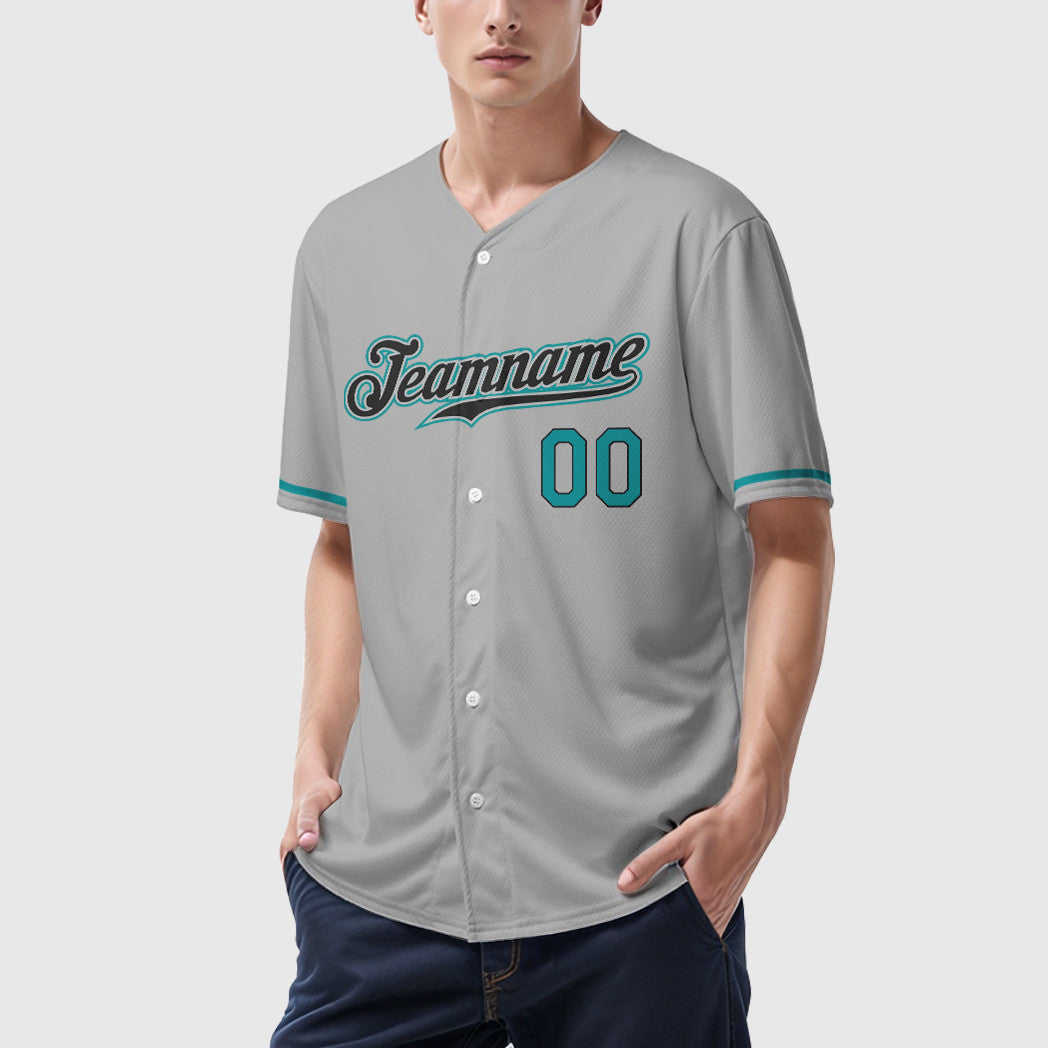 Custom Gray Black Teal Baseball Jersey