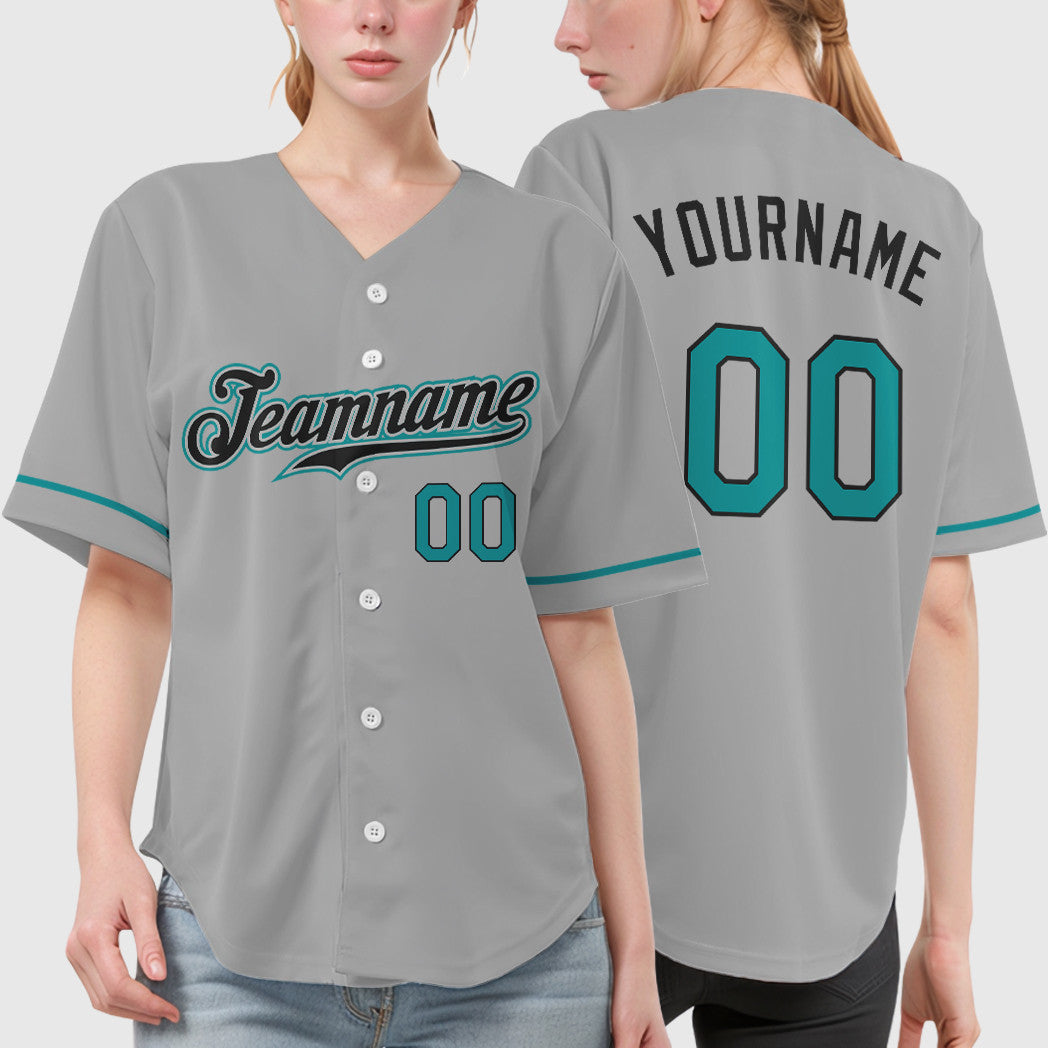 Custom Gray Black Teal Baseball Jersey