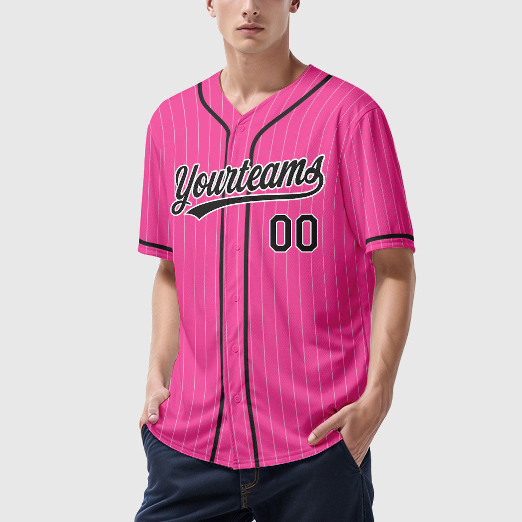 Custom Pink White Black Piping Pinstripe Baseball Jersey
