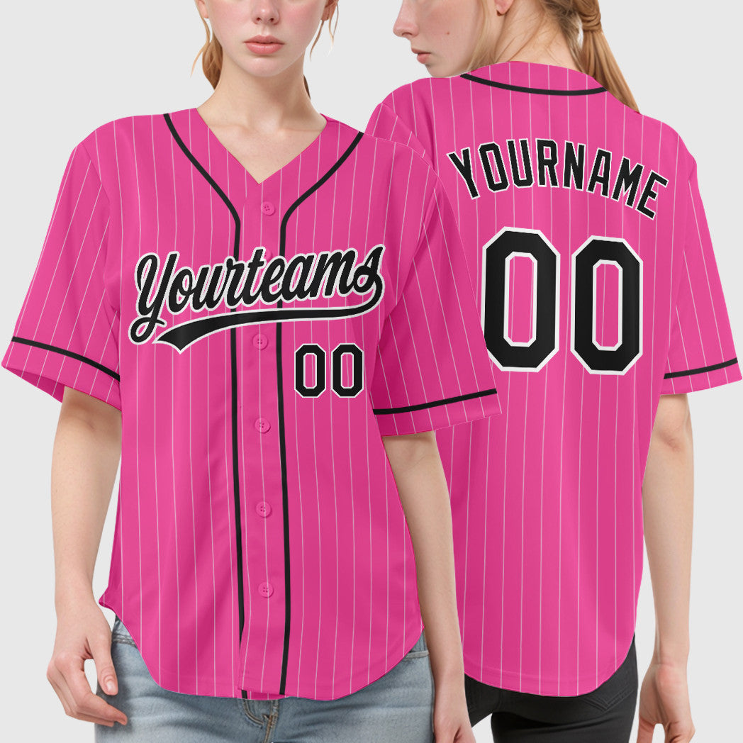 Custom Pink White Black Piping Pinstripe Baseball Jersey